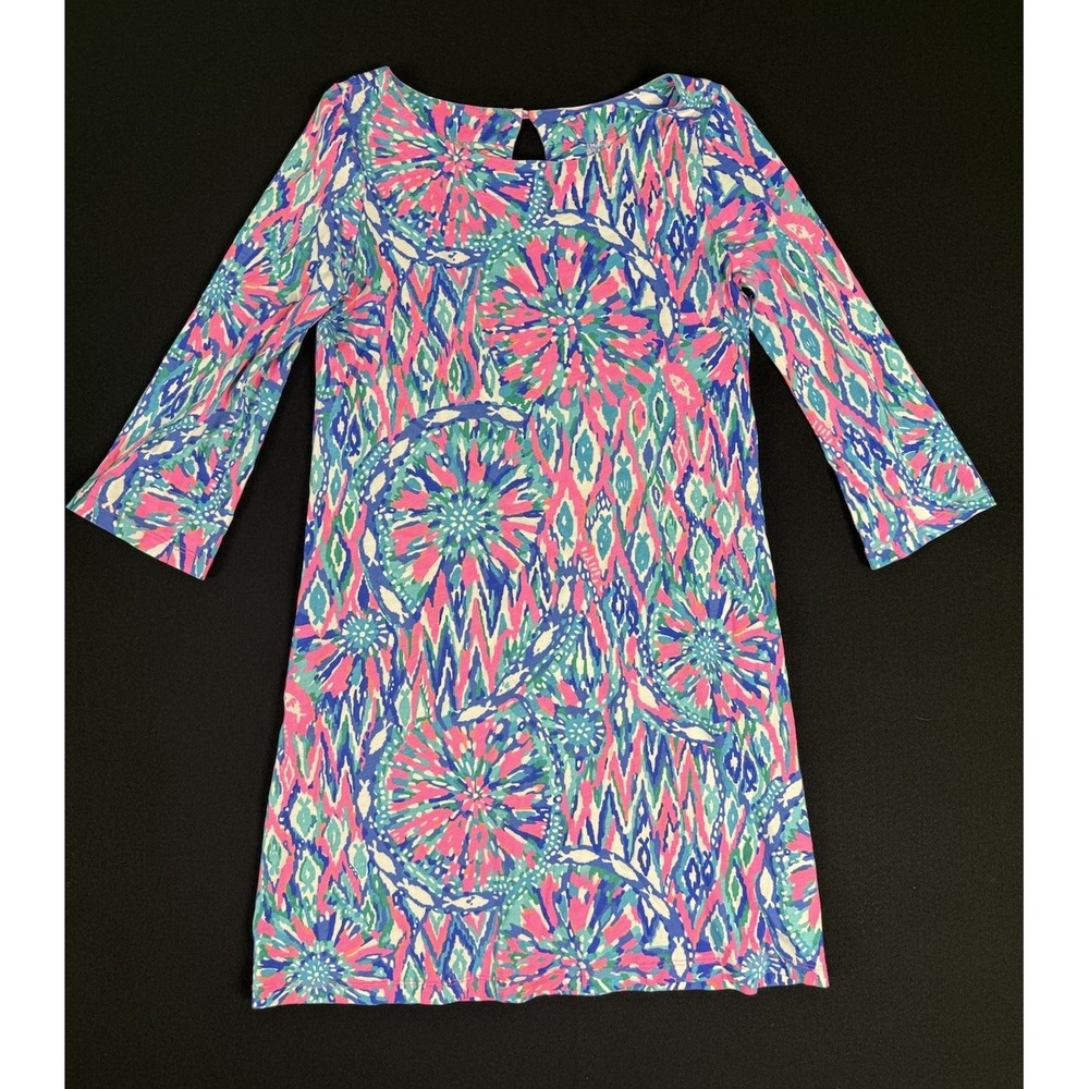 Lilly Pulitzer Bay Dress Blue Pink Shake it Up Floral Shift 3/4 Sleeve - Size S